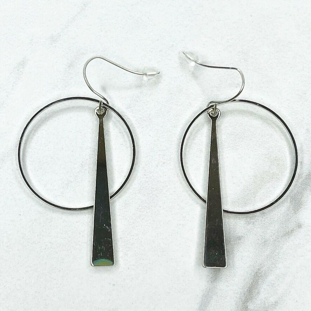 Silver Tone Hoop Triangle Dangle Earrings Pierced Pair